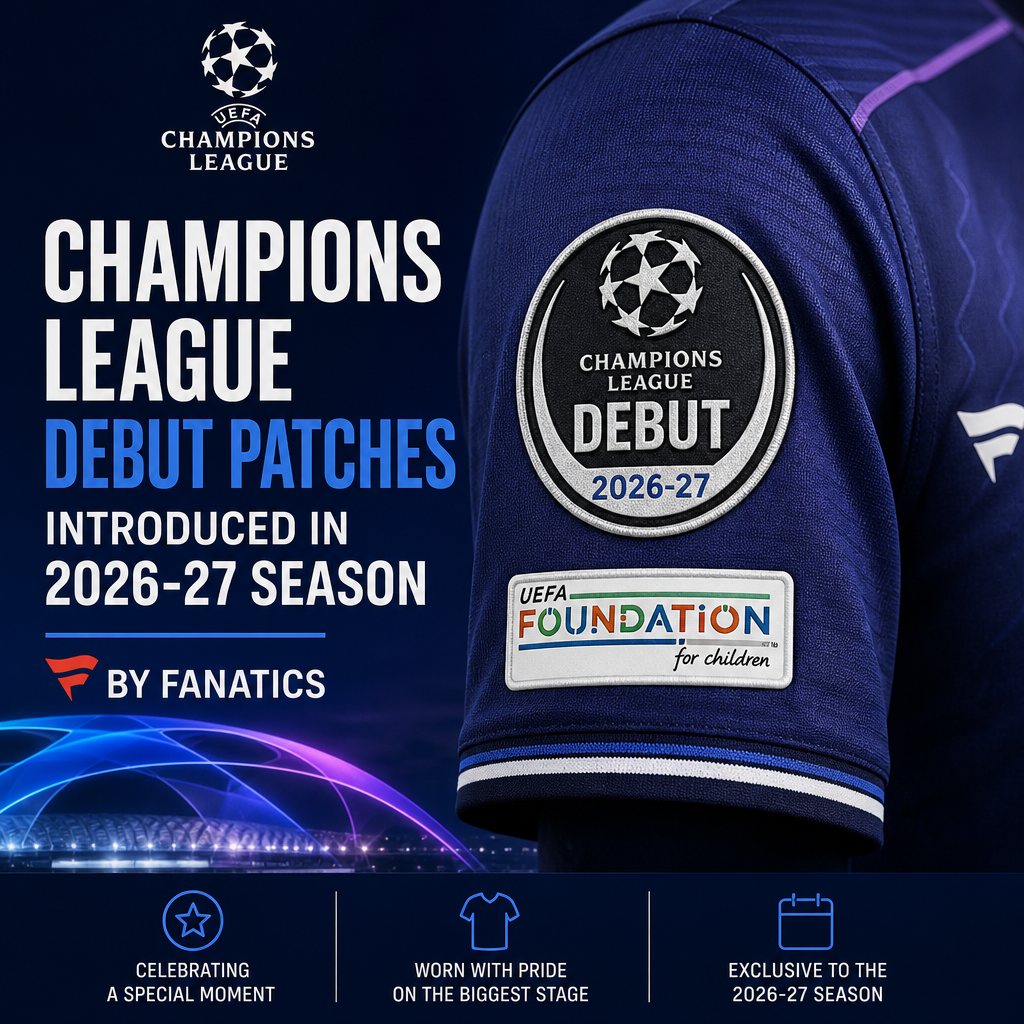 Football jersey sleeve showing UEFA Champions League debut patch for the 2026-27 season.