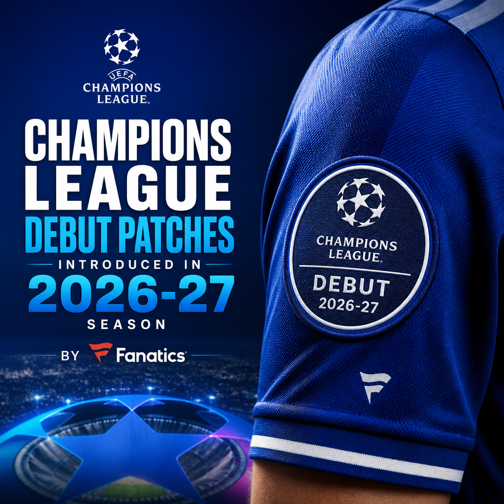 UEFA Champions League debut patches for players introduced in the 2026-27 season, showing new designs on sleeves.