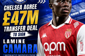 Chelsea and Monaco officials shake hands to finalize Lamine Camara's £47 million transfer deal.