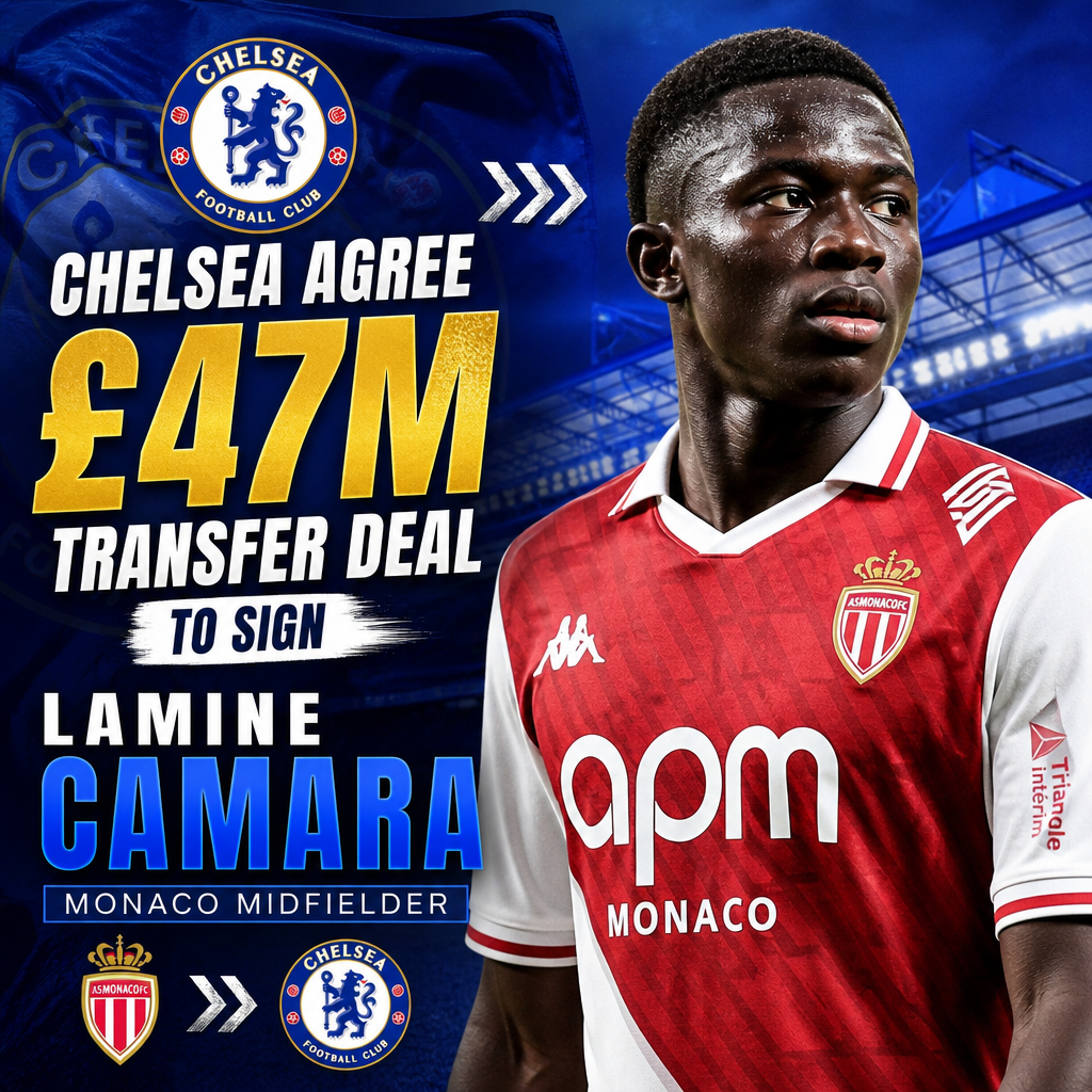 Chelsea and Monaco officials shake hands to finalize Lamine Camara's £47 million transfer deal.