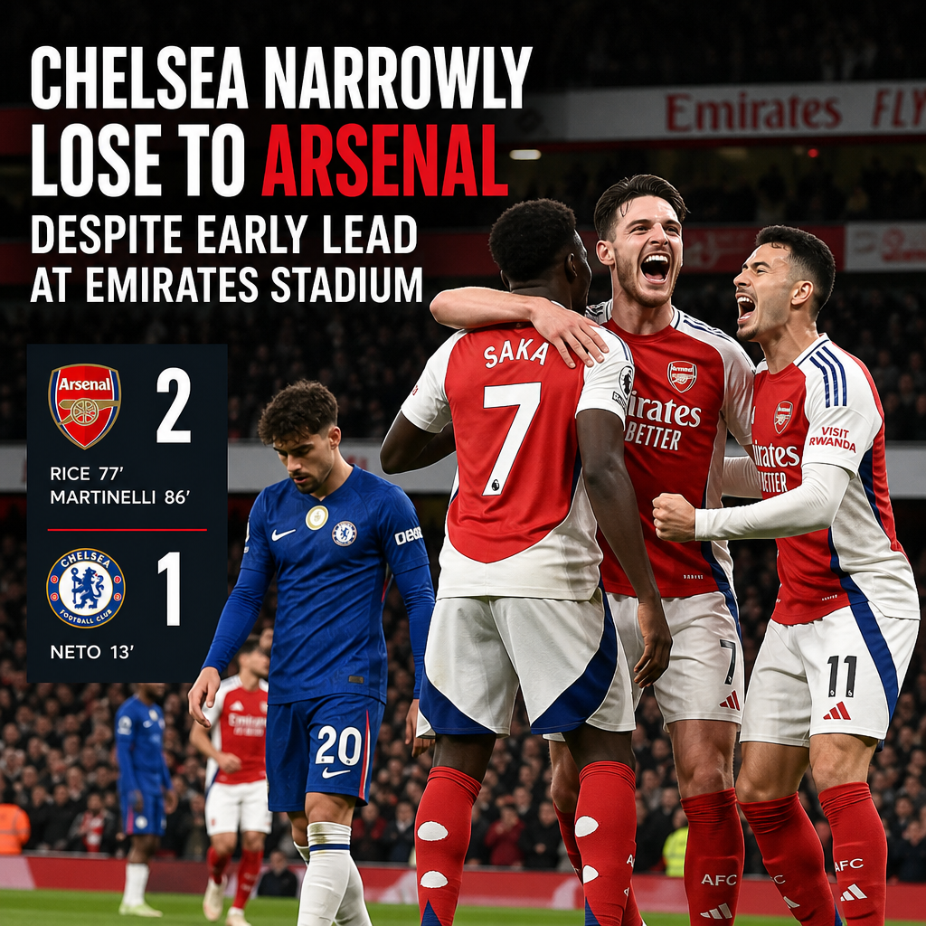 Chelsea player looks dejected as Arsenal celebrate a late goal at Emirates Stadium in a tight 2-1 football match.