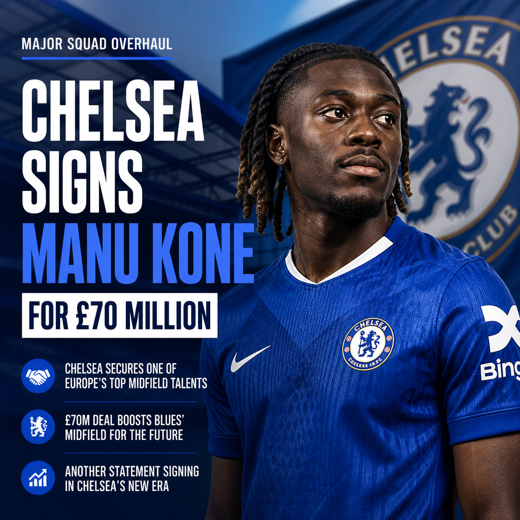 Manu Kone in Chelsea jersey, celebrating his £70 million transfer to Chelsea FC.