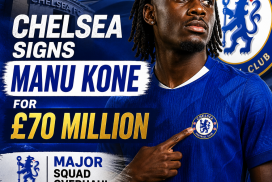Manu Kone in Chelsea kit holding a scarf with the club's logo, celebrating his £70 million signing.