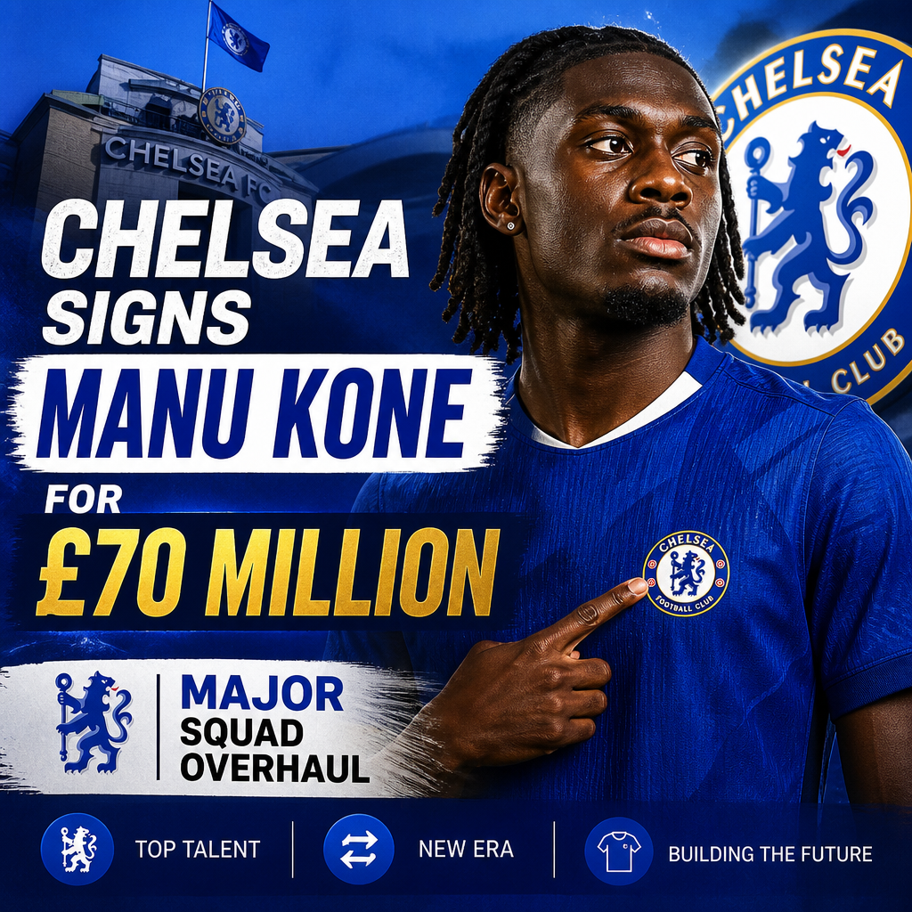 Manu Kone in Chelsea kit holding a scarf with the club's logo, celebrating his £70 million signing.
