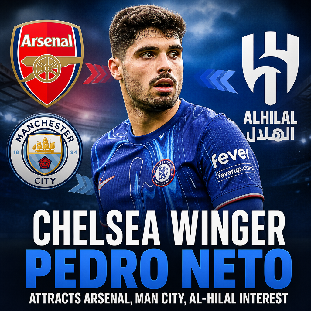 Chelsea winger Pedro Neto in action, attracting transfer interest from Arsenal, Manchester City, and Al-Hilal.