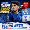 Chelsea winger Pedro Neto in action on the pitch, linked with transfer interest from Arsenal, Man City, and Al-Hilal.