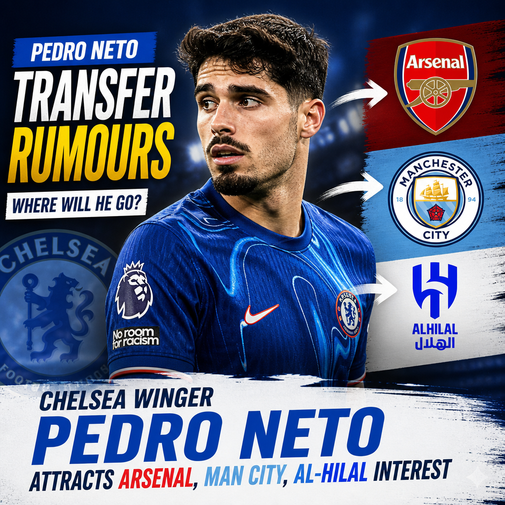 Chelsea winger Pedro Neto in action on the pitch, linked with transfer interest from Arsenal, Man City, and Al-Hilal.