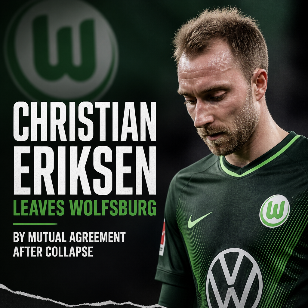 Christian Eriksen walking off the field wearing a Wolfsburg jersey, signaling his departure from the club.