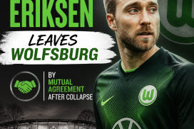 Christian Eriksen in Wolfsburg jersey walking off the field, symbolizing his departure from the club.