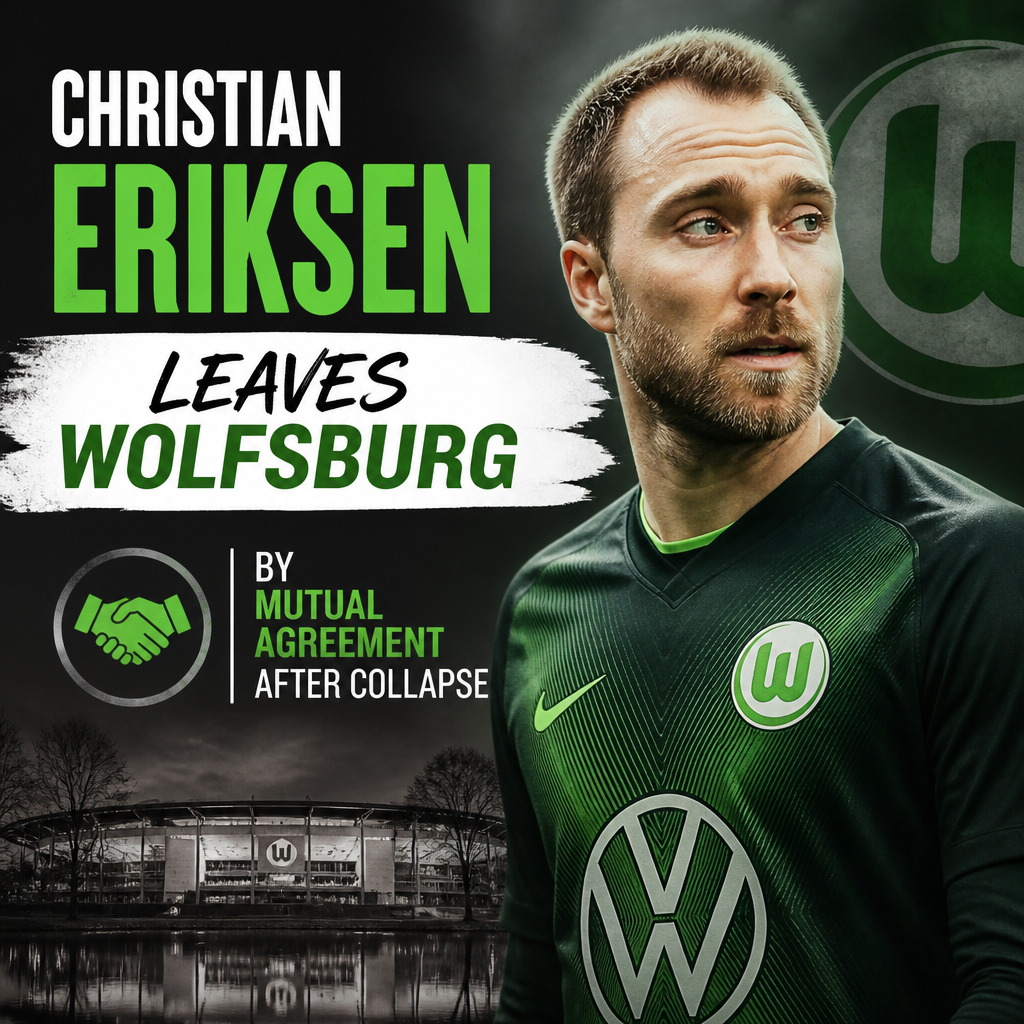 Christian Eriksen in Wolfsburg jersey walking off the field, symbolizing his departure from the club.