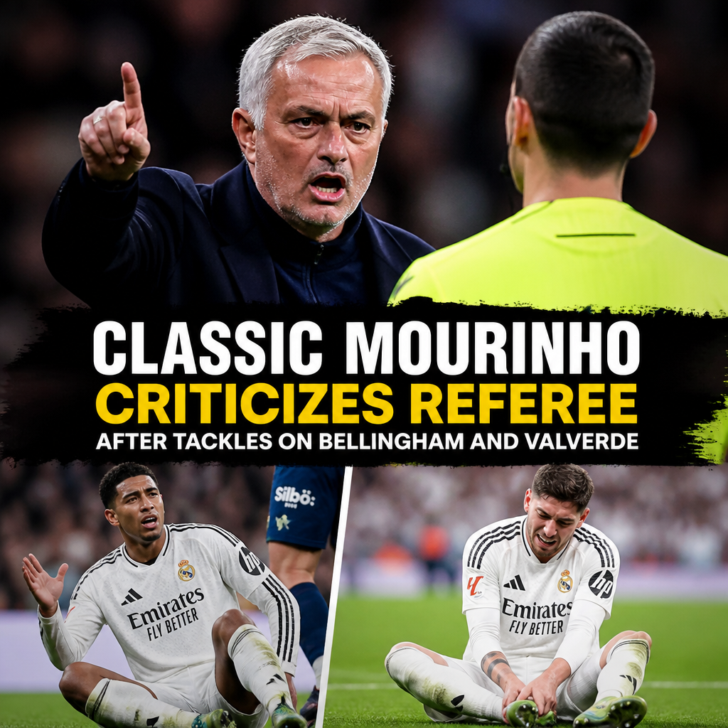 Jose Mourinho angrily gestures toward a referee during a heated moment in a football match.