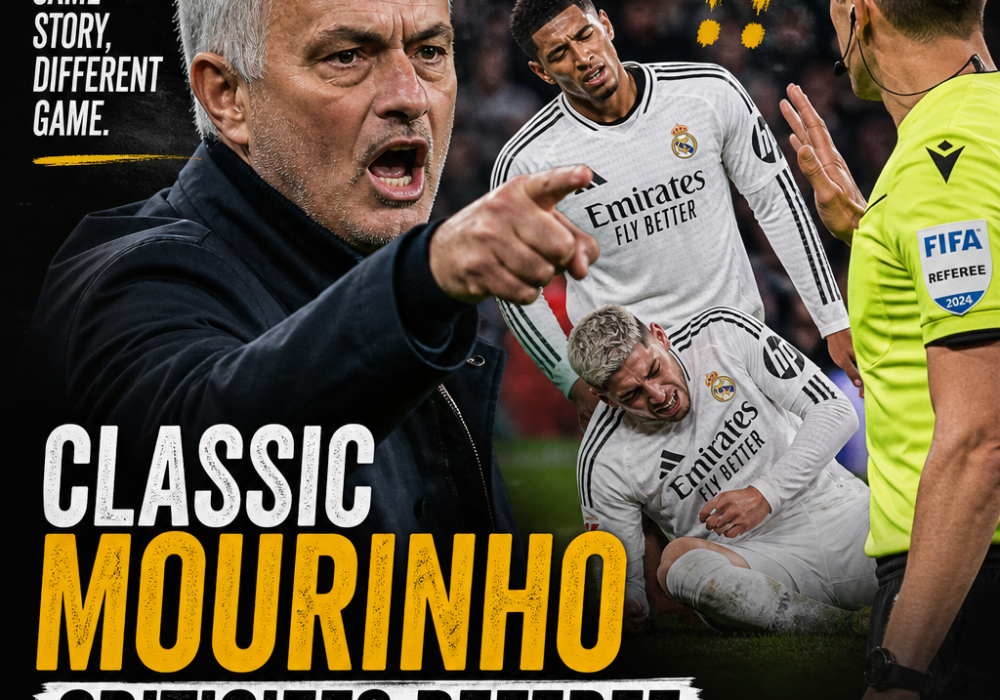 Jose Mourinho angrily gestures while criticizing the referee during a football match.