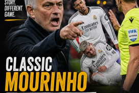 Jose Mourinho angrily gestures while criticizing the referee during a football match.