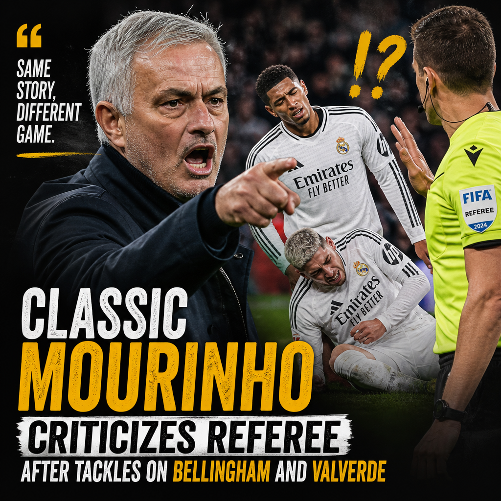 Jose Mourinho angrily gestures while criticizing the referee during a football match.