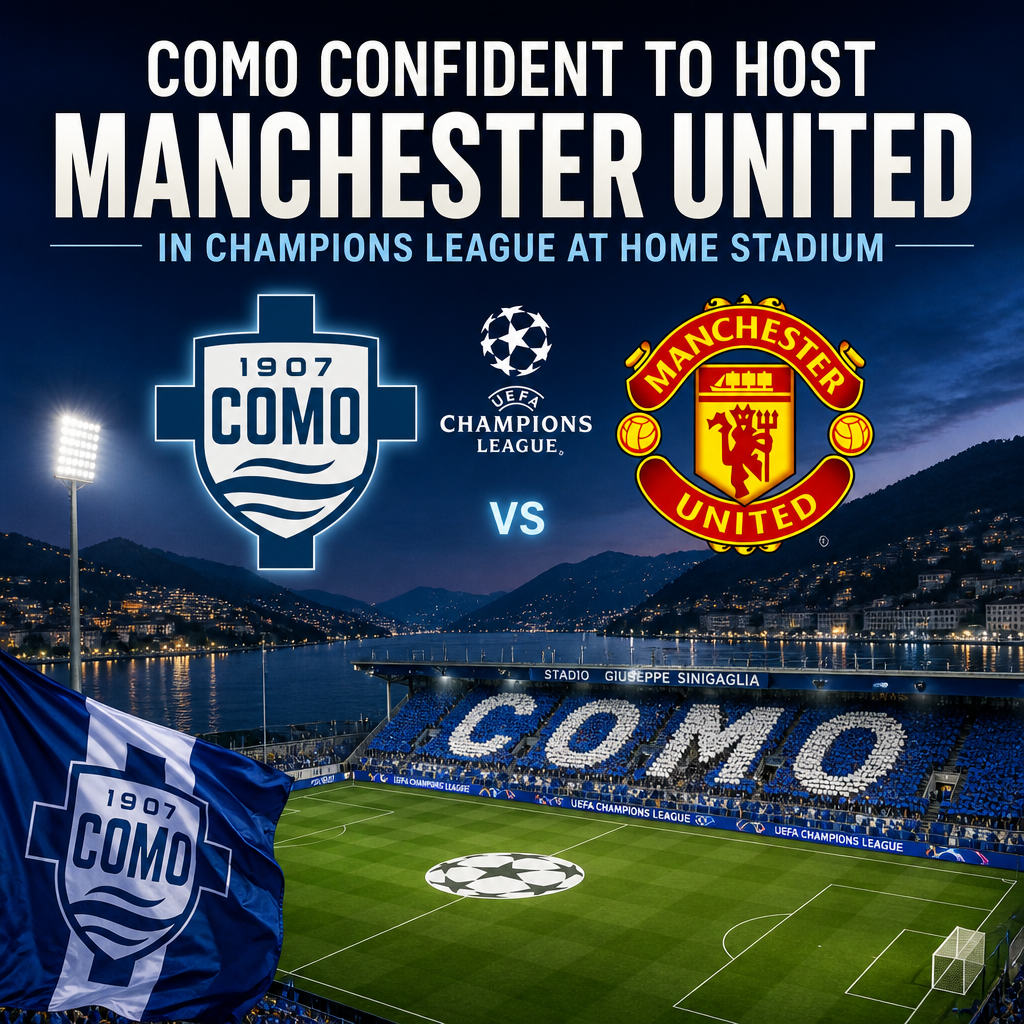 Como players celebrating confidently on the field at Stadio Giuseppe Sinigaglia before hosting Manchester United.