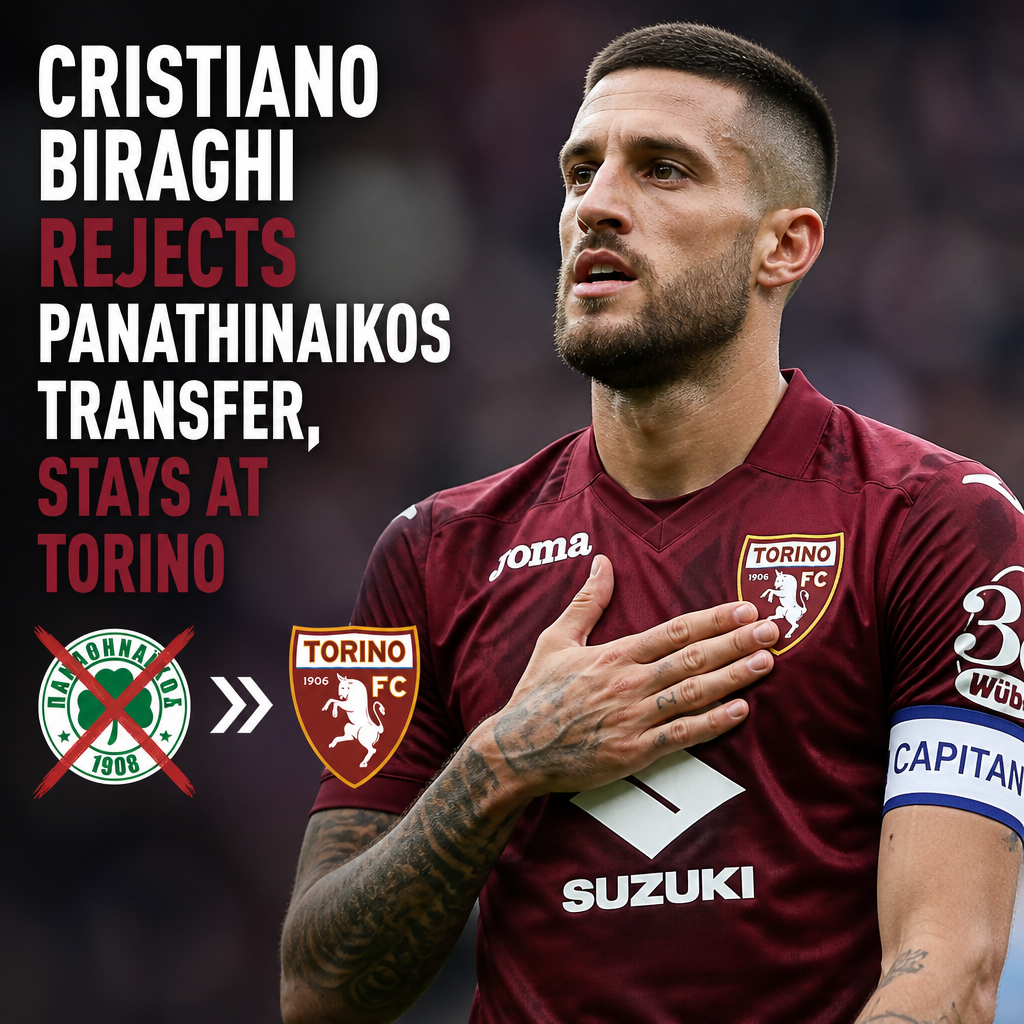 Cristiano Biraghi in Torino FC kit, smiling and celebrating on the pitch.