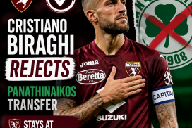 Cristiano Biraghi in Torino FC jersey, confidently on the field, rejecting transfer to Panathinaikos.