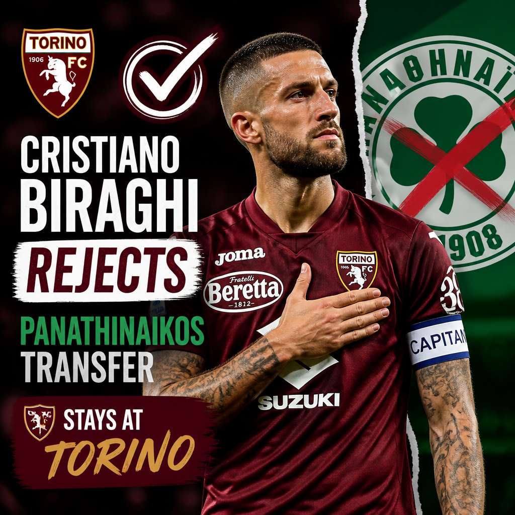 Cristiano Biraghi in Torino FC jersey, confidently on the field, rejecting transfer to Panathinaikos.