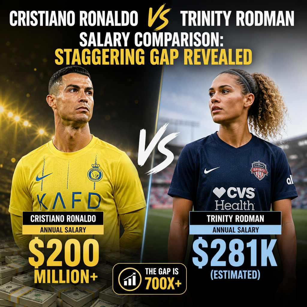 Bar graph comparing Cristiano Ronaldo's salary to Trinity Rodman's, showing a 700x pay gap.