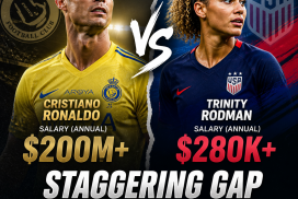 Bar chart comparing Cristiano Ronaldo's and Trinity Rodman's annual salaries, highlighting a significant pay gap.