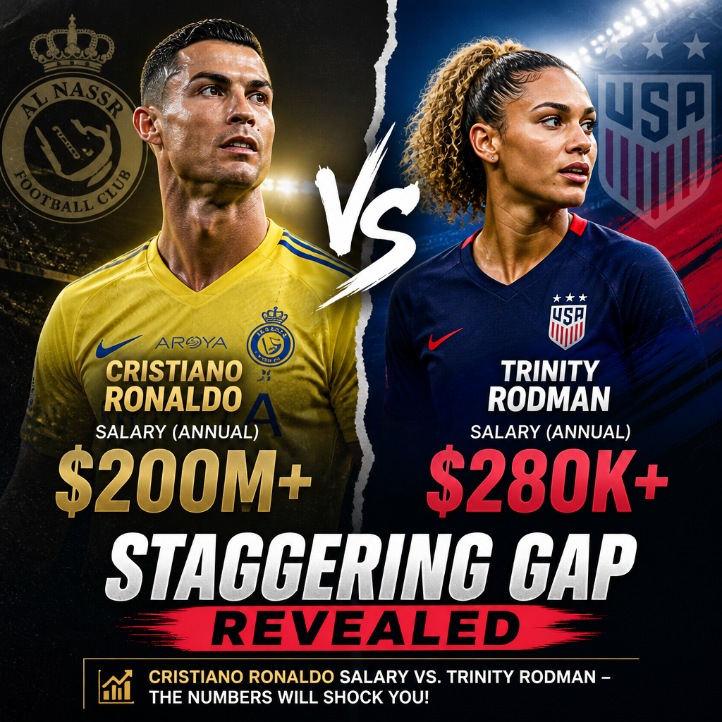 Bar chart comparing Cristiano Ronaldo's and Trinity Rodman's annual salaries, highlighting a significant pay gap.