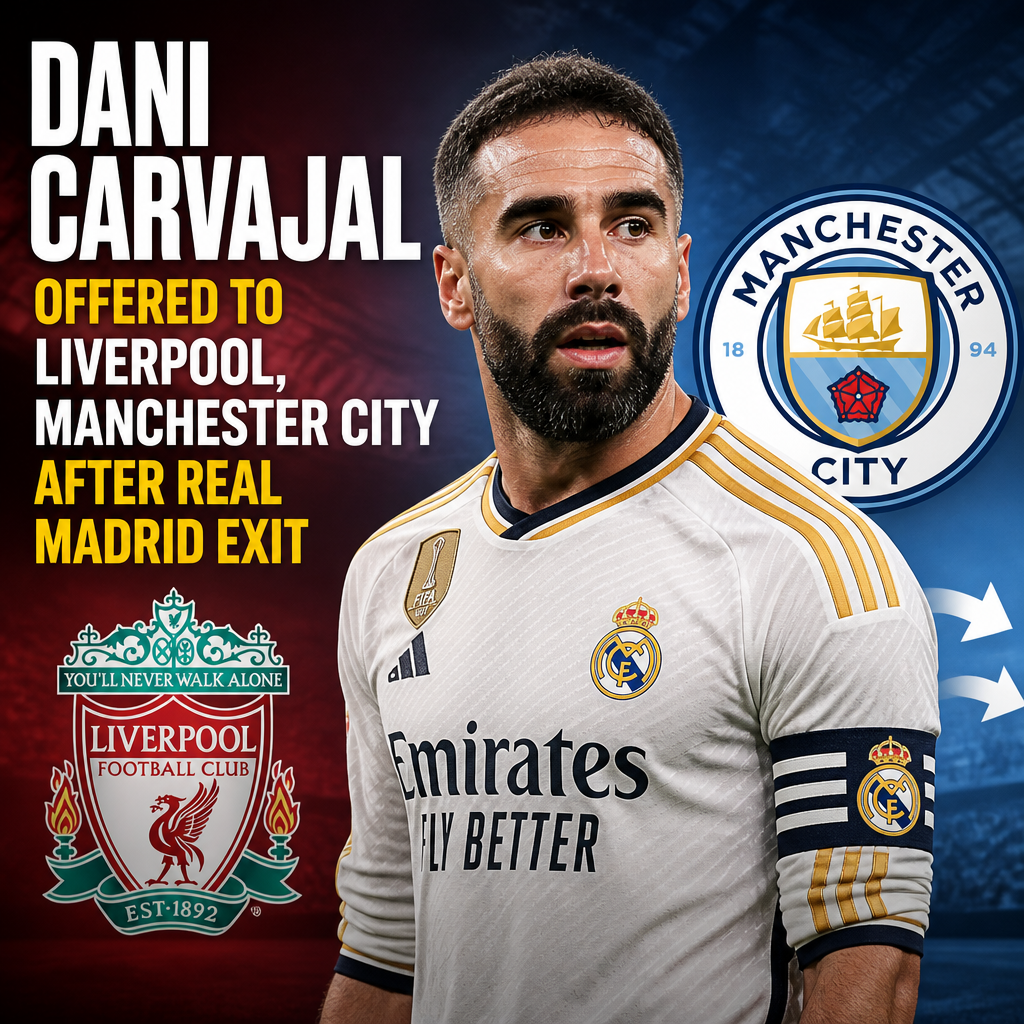 Dani Carvajal in Real Madrid jersey with offer text for Liverpool and Manchester City transfer.