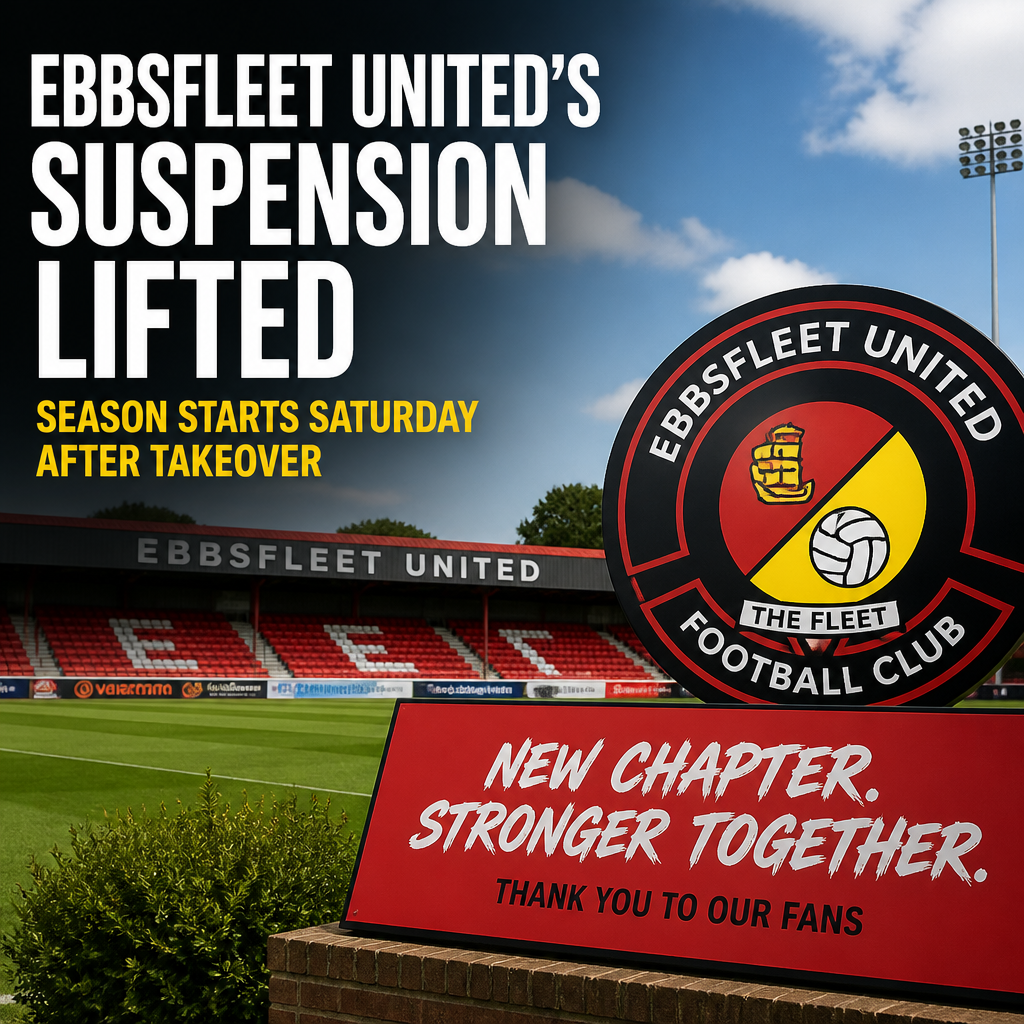 Ebbsfleet United football players celebrating on the field after suspension lifted before season starts Saturday.