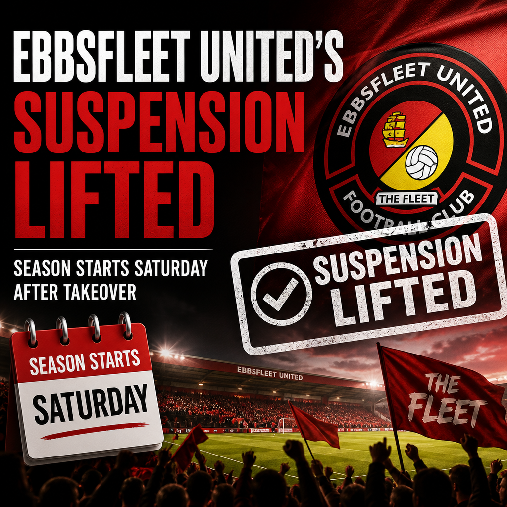 Ebbsfleet United football players celebrating on the pitch with fans in the background.