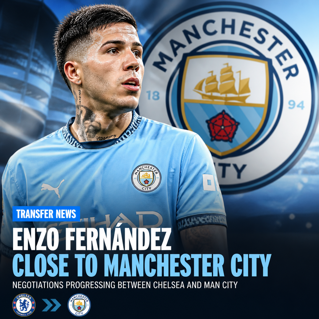 Enzo Fernández in a suit, with Manchester City and Chelsea logos, indicating transfer negotiations.