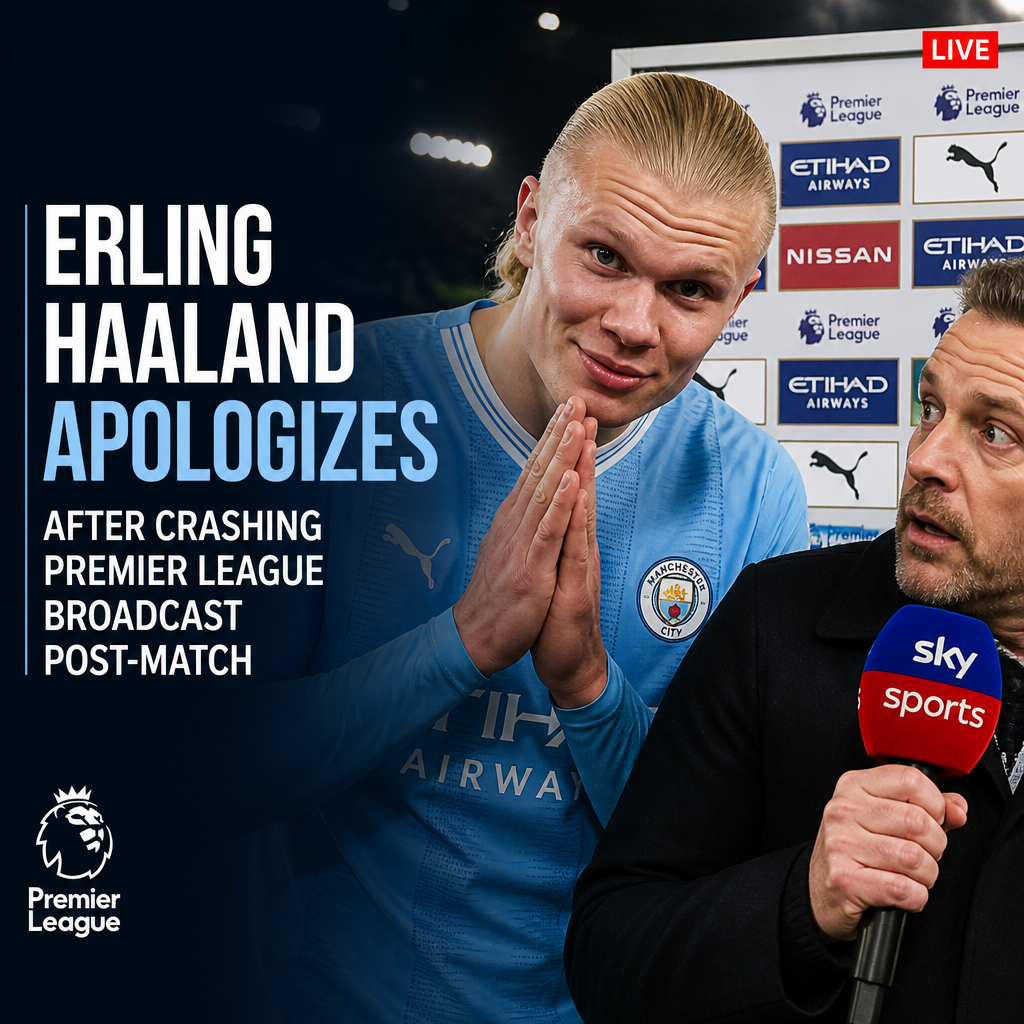 Erling Haaland wearing a Manchester City jacket, speaking into a microphone during a Premier League broadcast.