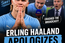 Erling Haaland apologizing on camera after accidentally interrupting a Premier League post-match broadcast.