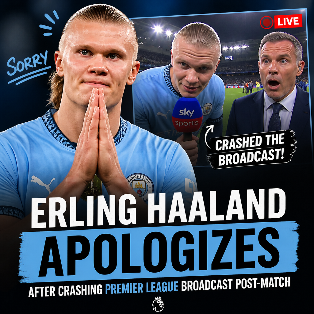 Erling Haaland apologizing on camera after accidentally interrupting a Premier League post-match broadcast.