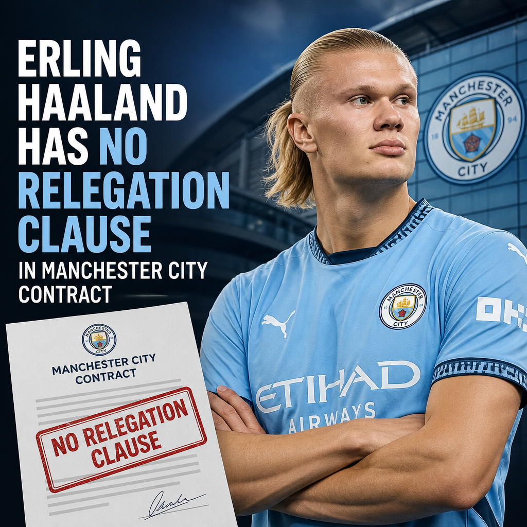 Erling Haaland celebrating a goal in a Manchester City jersey on the soccer field.