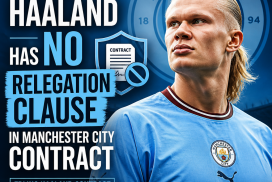 Erling Haaland in Manchester City jersey, emphasizing no relegation clause in his contract.