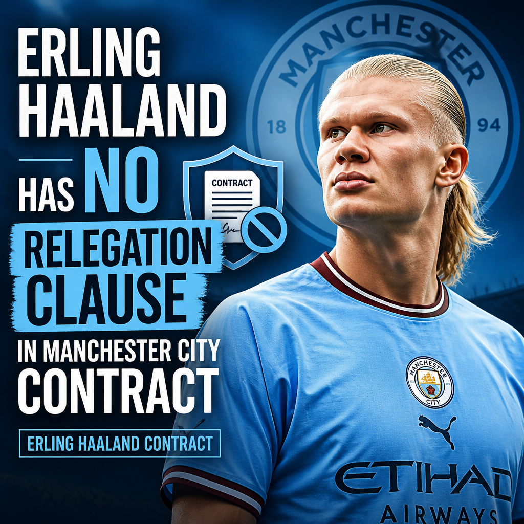 Erling Haaland in Manchester City jersey, emphasizing no relegation clause in his contract.