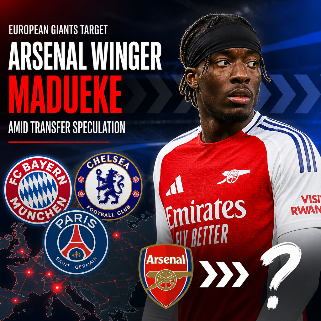 Logan Madueke in an Arsenal kit with logos of Bayern Munich, Chelsea, and PSG around him, indicating transfer interest.