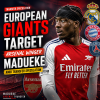 Photos of footballers from Real Madrid, Bayern Munich, and PSG with Arsenal winger Madueke in the center.