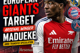 Photos of footballers from Real Madrid, Bayern Munich, and PSG with Arsenal winger Madueke in the center.