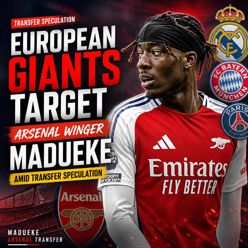 Photos of footballers from Real Madrid, Bayern Munich, and PSG with Arsenal winger Madueke in the center.