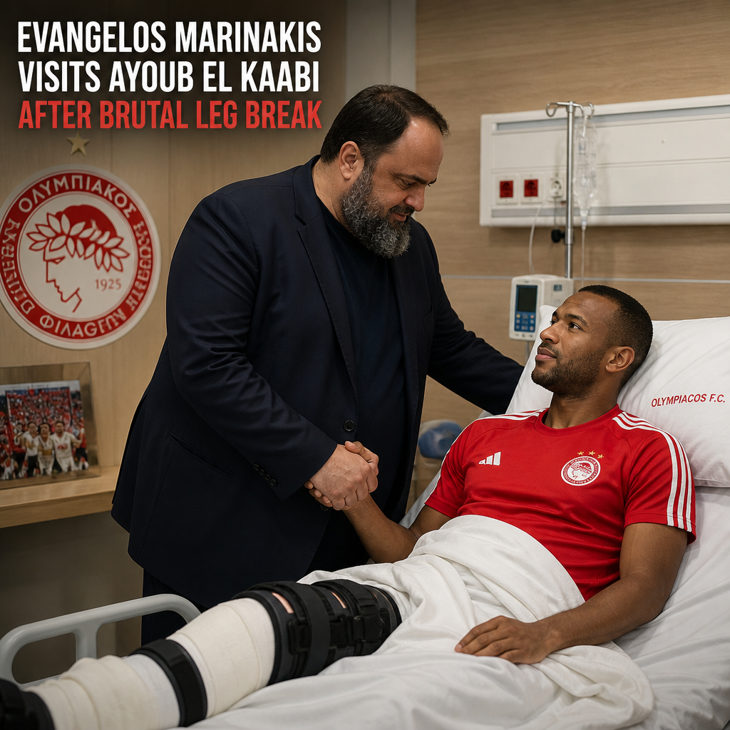 Evangelos Marinakis visiting Olympiacos player Ayoub El Kaabi in hospital after a leg injury.