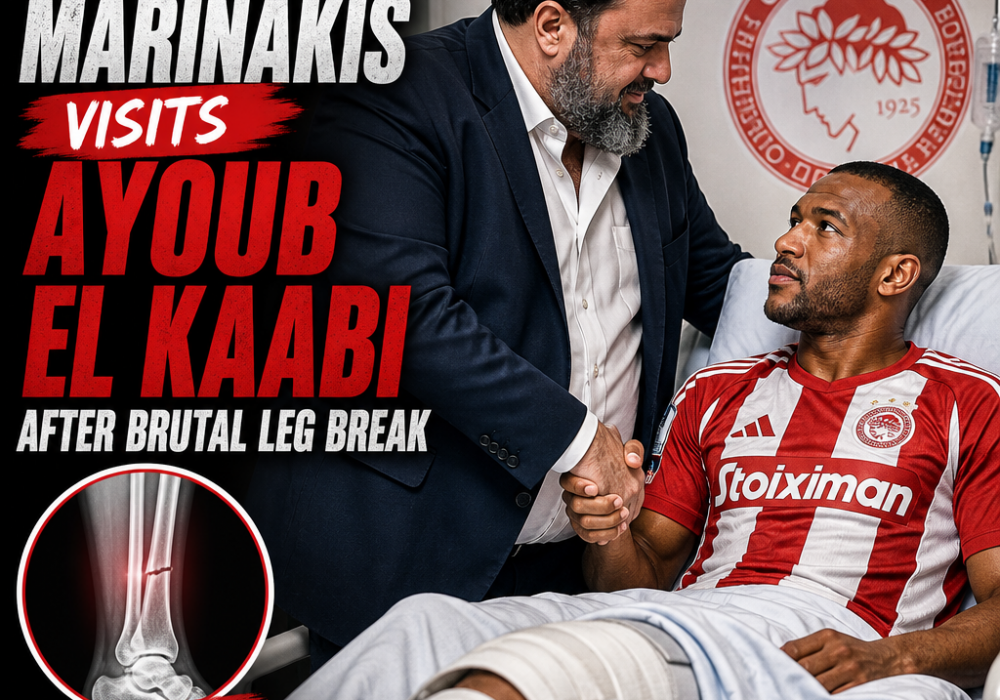 Evangelos Marinakis visits Olympiakos player Ayoub El Kaabi in hospital after a severe leg injury.