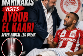 Evangelos Marinakis visits Olympiakos player Ayoub El Kaabi in hospital after a severe leg injury.
