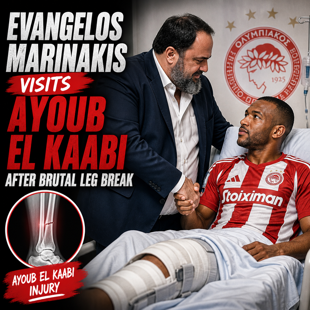 Evangelos Marinakis visits Olympiakos player Ayoub El Kaabi in hospital after a severe leg injury.