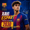 FC Barcelona player Xavi Espart celebrating with teammates after signing contract extension until 2030.