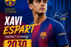FC Barcelona player Xavi Espart celebrating with teammates after signing contract extension until 2030.