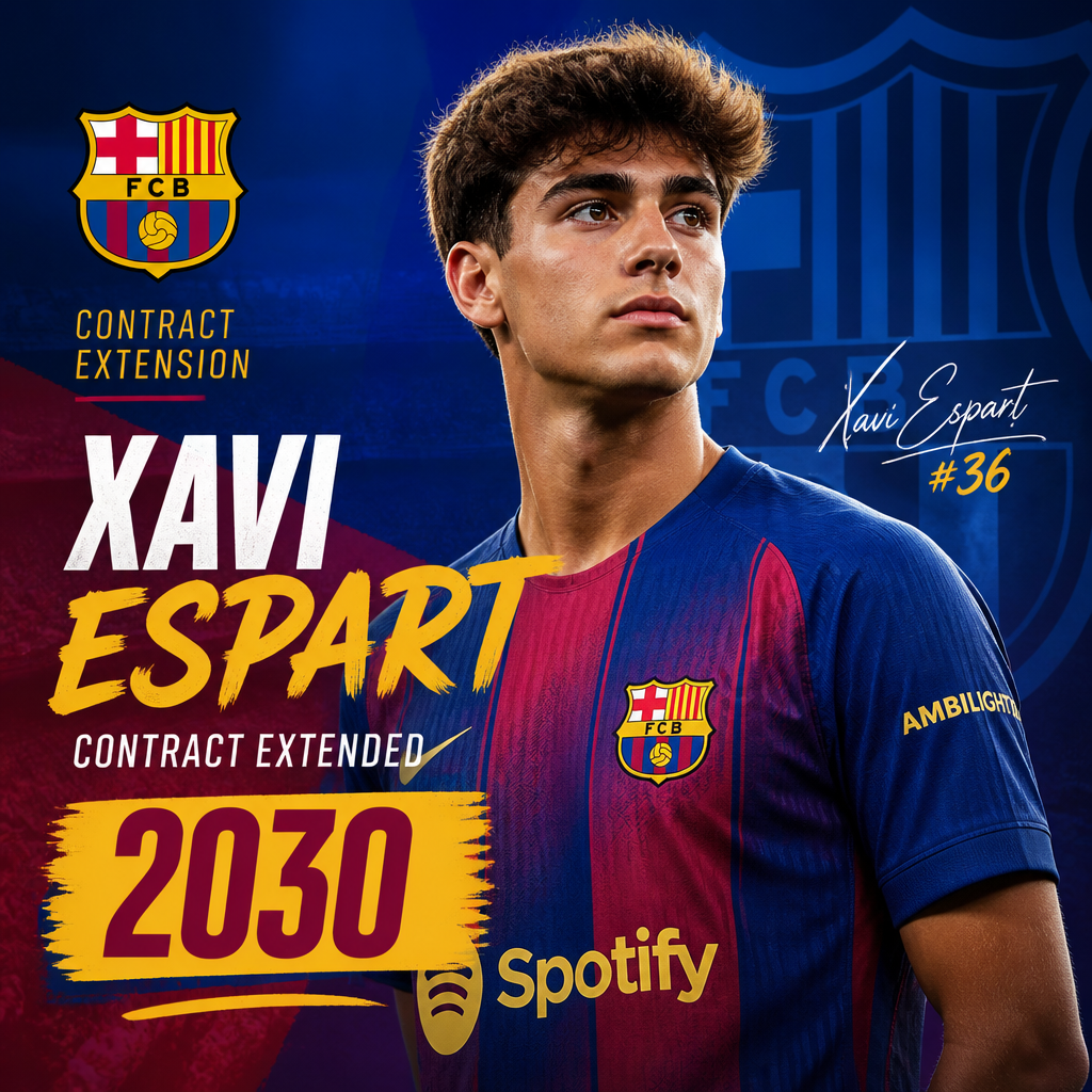 FC Barcelona player Xavi Espart celebrating with teammates after signing contract extension until 2030.