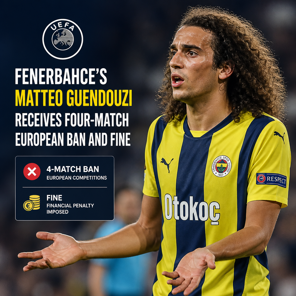 Matteo Guendouzi in Fenerbahce kit looks disappointed after receiving a four-match European ban and fine.