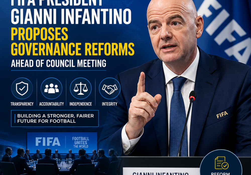 FIFA President Gianni Infantino speaking at a podium, proposing governance reforms on transparency and integrity.