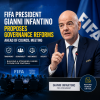 FIFA President Gianni Infantino speaking at a podium, proposing governance reforms on transparency and integrity.