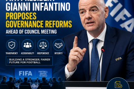 FIFA President Gianni Infantino speaking at a podium, proposing governance reforms on transparency and integrity.